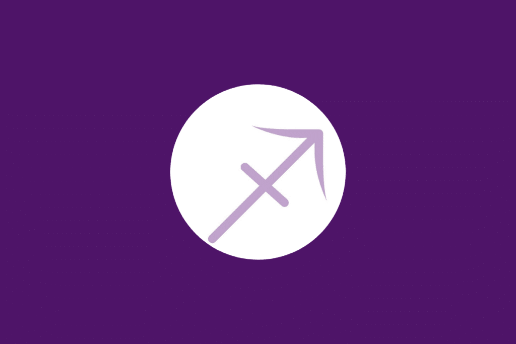 Círculo branco centralizado em fundo roxo e com o símbolo de sagitário dentro