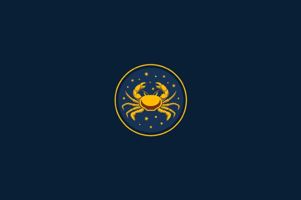 Ilustração do signo de Câncer em amarelo sobre um fundo azul