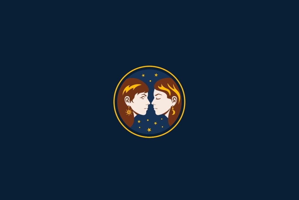 Ilustração do signo de Gêmeos em amarelo sobre um fundo azul