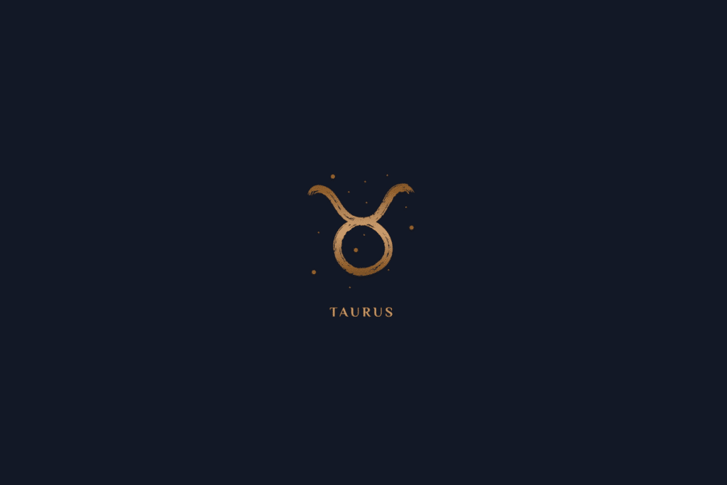 Ilustração do símbolo de touro em dourado, com o nome do signo abaixo, centralizado em fundo azul-escuro