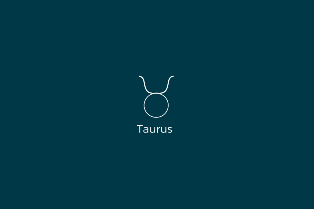 Ilustração do signo de touro, com o nome do signo abaixo, centralizado em um fundo verde-escuro