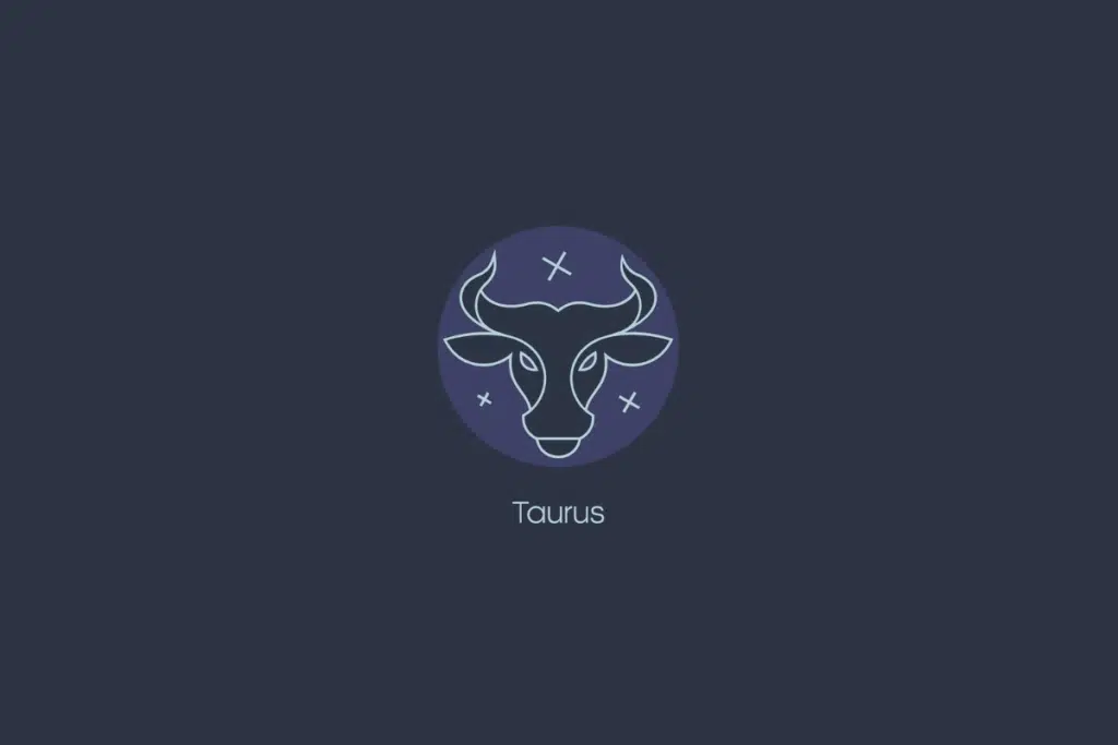 Ilustração do signo de Touro dentro de um círculo azul-claro com estrelas, nome do signo abaixo e fundo azul-escuro