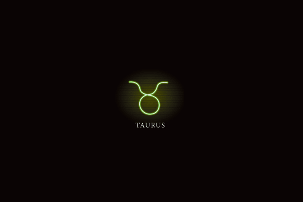 Ilustração do símbolo do signo de touro em verde, com o nome do signo abaixo, sobre fundo preto