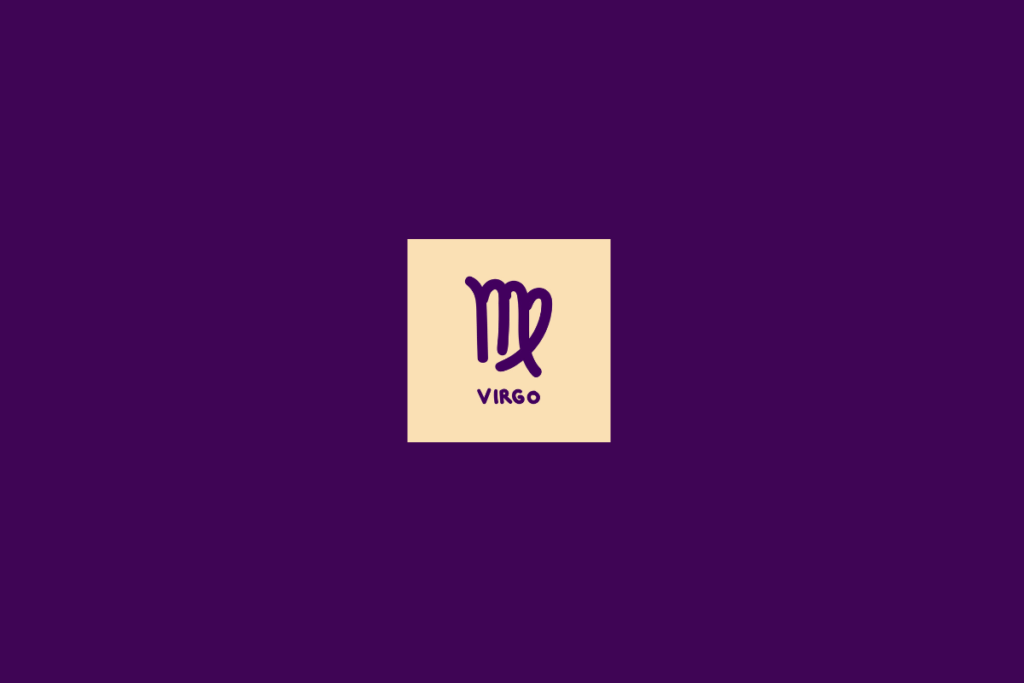 Ilustração do signo de virgem dentro de um quadrado bege-claro e centralizado em fundo roxo-escuro