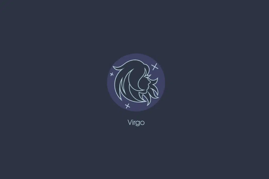 Ilustração do signo de virgem dentro de um círculo azul-claro com estrelas, nome do signo abaixo e fundo azul-escuro