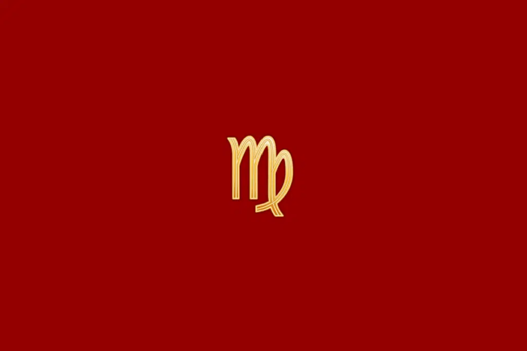 Ilustração do signo de virgem em dourado, centralizado em fundo vermelho