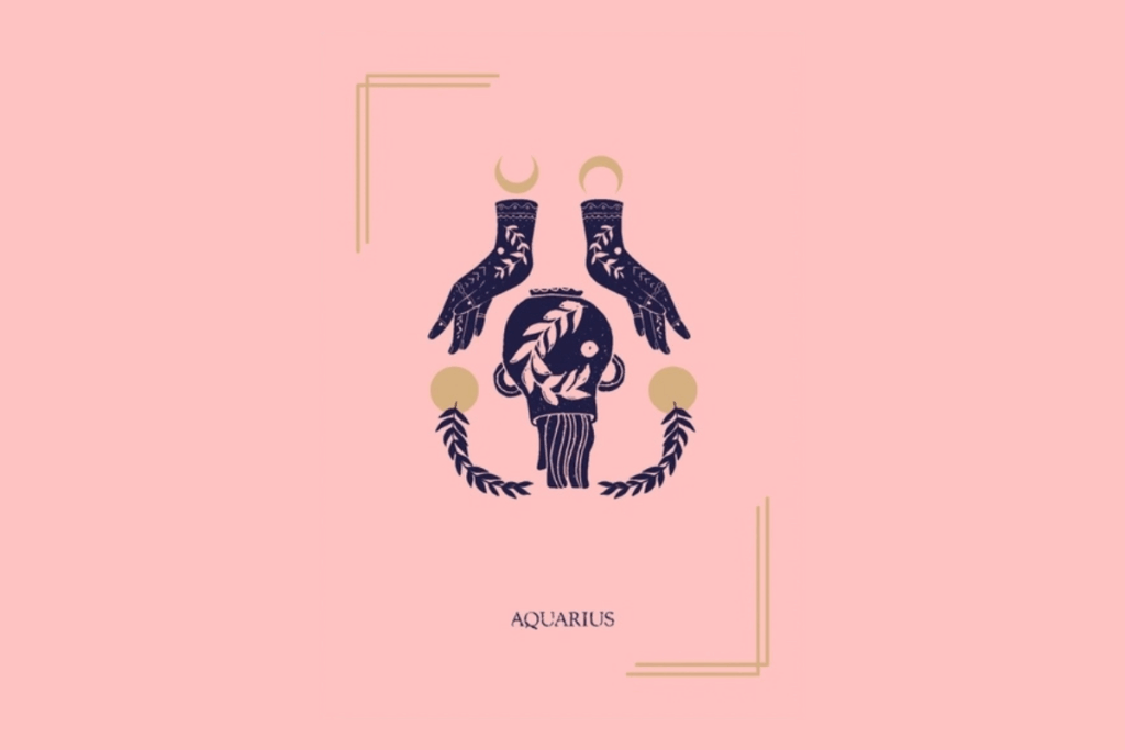 Ilustração mística sobre fundo rosa com a palavra "AQUARIUS" na parte inferior. Ao centro, duas mãos decoradas apontam para uma jarra central que derrama água, cercada por ramos de folhas e luas.