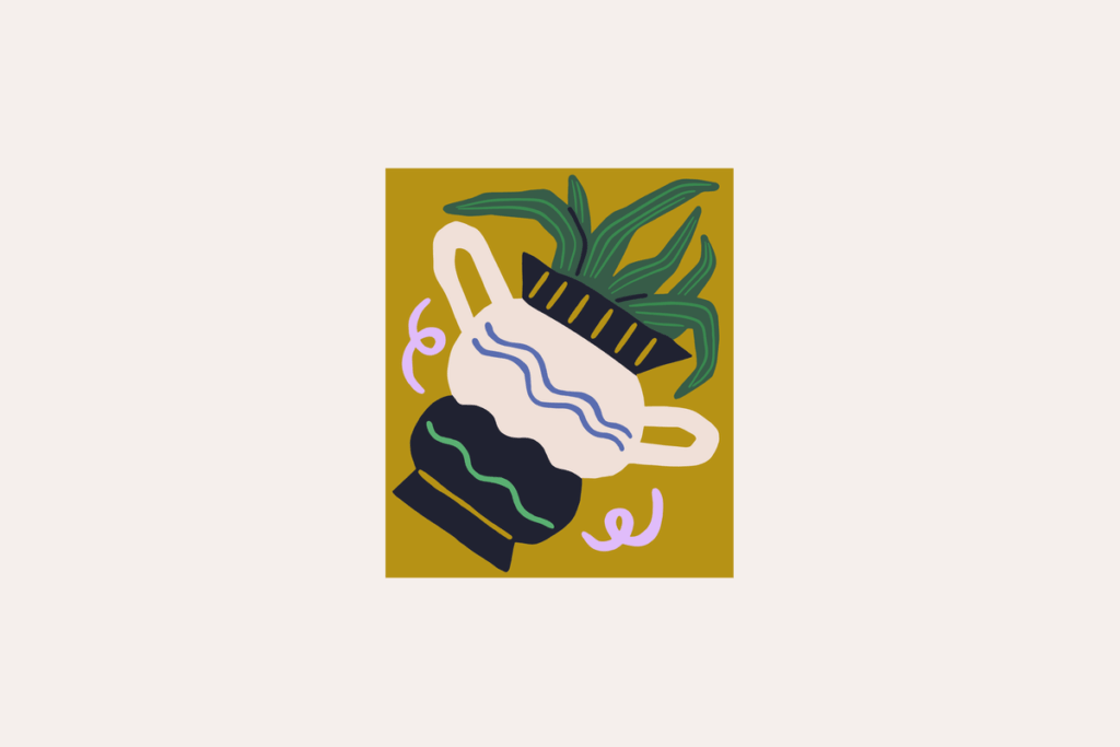 Ilustração do signo de Aquário, contendo um jarro creme com alças e ondas azuis, inclinado sobre um vaso azul-marinho com listras mostarda de onde brotam folhas verdes longas e listradas; na base, outro vaso azul-marinho com uma onda verde, e dois arabescos lilás espiralados ao redor, em fundo mostarda.