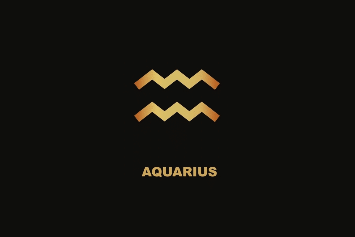 Símbolo dourado do signo de Aquário sobre fundo preto, com o nome "AQUARIUS" escrito abaixo.