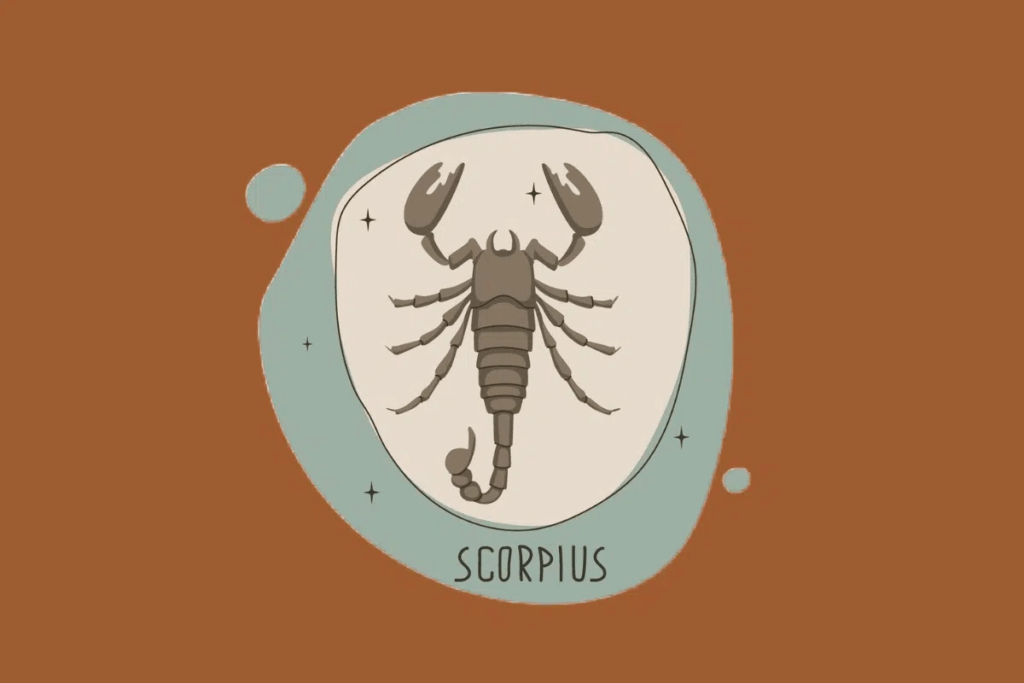 Ilustração de um escorpião em tons de marrom e cinza, visto de cima. O aracnídeo está posicionado com as pinças abertas e a cauda curvada em uma moldura oval verde-água. O fundo da imagem é marrom terroso e possui pequenas estrelas pretas ao redor do símbolo 