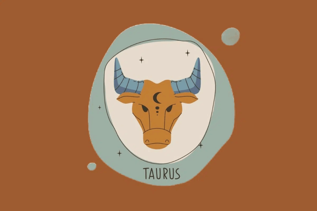 Ilustração da cabeça de um touro de frente em tons de marrom e ocre, com chifres azuis detalhados por linhas. Há um símbolo de lua crescente na testa do animal. A imagem está emoldurada em verde-água sobre fundo marrom 