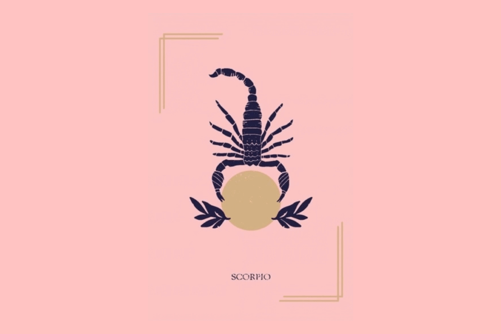 Ilustração mística sobre fundo rosa com a palavra "SCORPIO" na parte inferior. Ao centro, um escorpião posicionado acima de um círculo dourado e ramos de folhas.