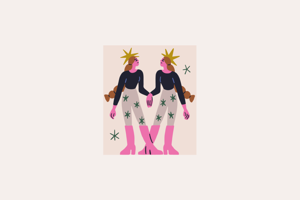 Ilustração do signo de Gêmeos, contendo duas mulheres idênticas de mãos dadas, olhando-se de perfil, com cabelos ruivos presos em tranças, blusas azul-marinho, calças bege estampadas com estrelas verdes e botas rosa de cano alto; cada uma tem uma estrela mostarda atrás da cabeça, com estrelas verdes soltas ao redor, em fundo rosa-claro.