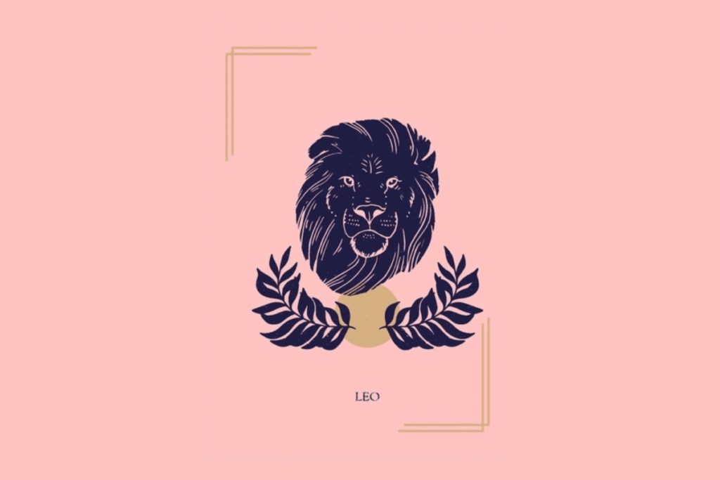 Ilustração mística sobre fundo rosa com a palavra "LEO" na parte inferior. Ao centro, a cabeça de um leão emoldurada por dois ramos de folhas e um círculo dourado.