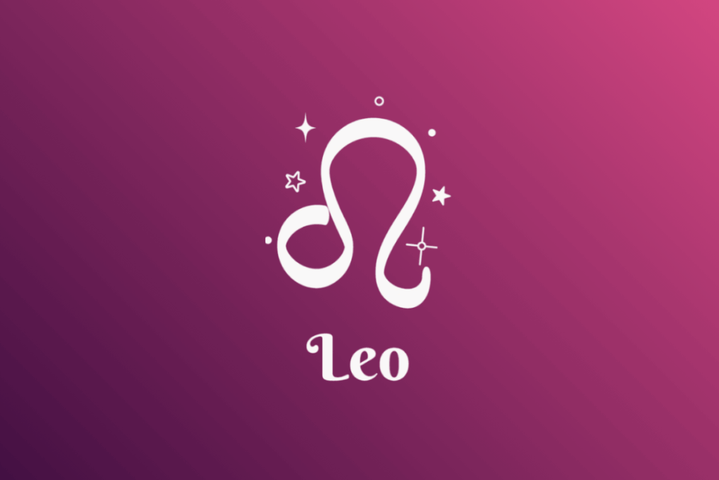 Imagem com fundo em gradiente de roxo para rosa, apresentando o símbolo branco do signo de Leão cercado por estrelas e pequenos elementos místico-astrológicos. Abaixo do símbolo, está escrita a palavra "Leo".