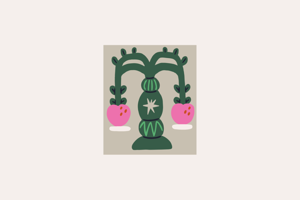 Ilustração do signo de Libra, contendo uma balança verde-escura em forma de candelabro, com a coluna central decorada por listras verde-claras e uma estrela bege, e dois braços curvos com folhinhas que sustentam, em cada lado, uma fruta rosa com sementes vermelhas sobre um prato branco, em fundo bege-acinzentado.
