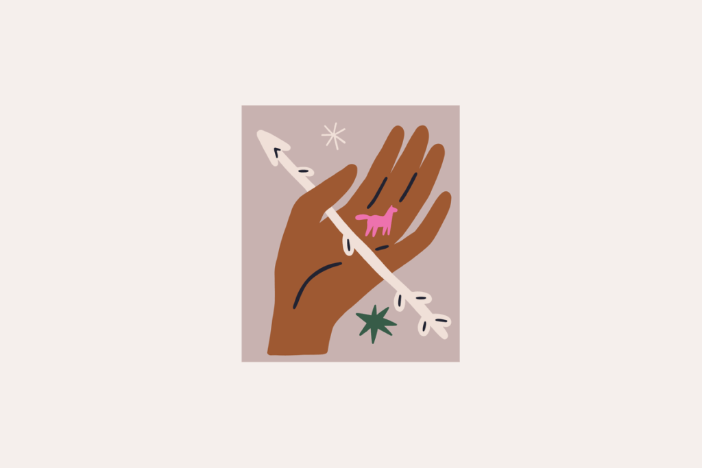 Ilustração do signo de Sagitário, contendo uma mão marrom aberta atravessada na diagonal por uma flecha creme com folhinhas ao longo da haste; sobre a palma, um pequeno cavalo rosa, e ao redor uma estrela verde-escura e outra creme de traços finos, em fundo rosa.