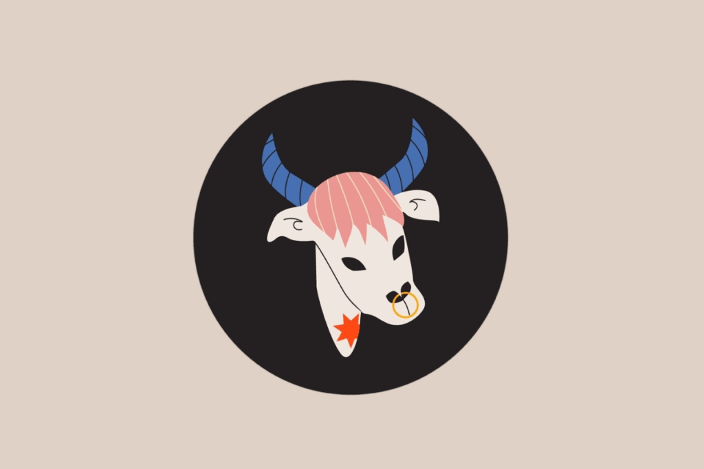 Ilustração do signo de Touro representando a cabeça de um touro branco com chifres azuis, argola amarela no nariz e franja rosa.