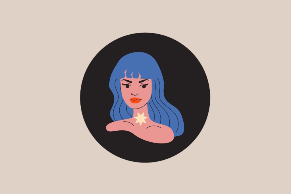 : Ilustração do signo de Virgem representando o busto de uma mulher estilizada com cabelos azuis e uma estrela amarela no pescoço.