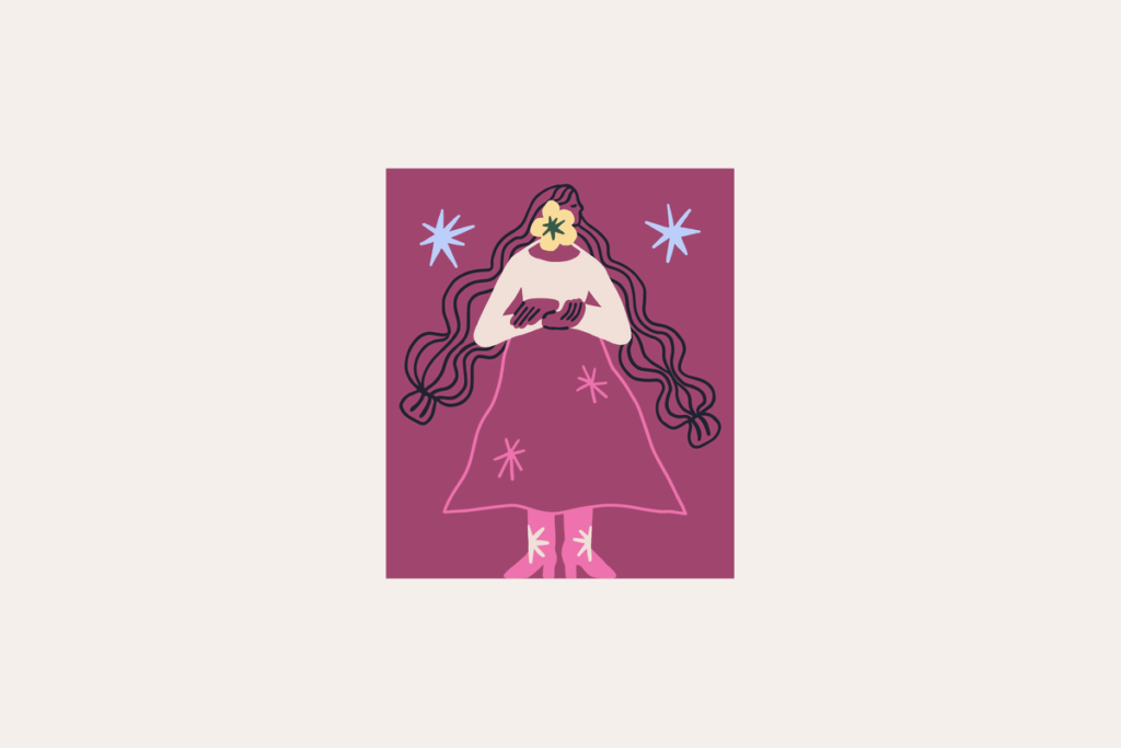 Ilustração do signo de Virgem, contendo uma mulher de perfil com cabelos muito longos em tranças onduladas azul-marinho, uma flor amarela com miolo verde no cabelo, blusa creme, as mãos unidas à frente do peito, saia longa com contorno rosa e pequenas estrelas, e botas rosa com estrelas creme; duas estrelas azul-claras ao lado, em fundo vinho.