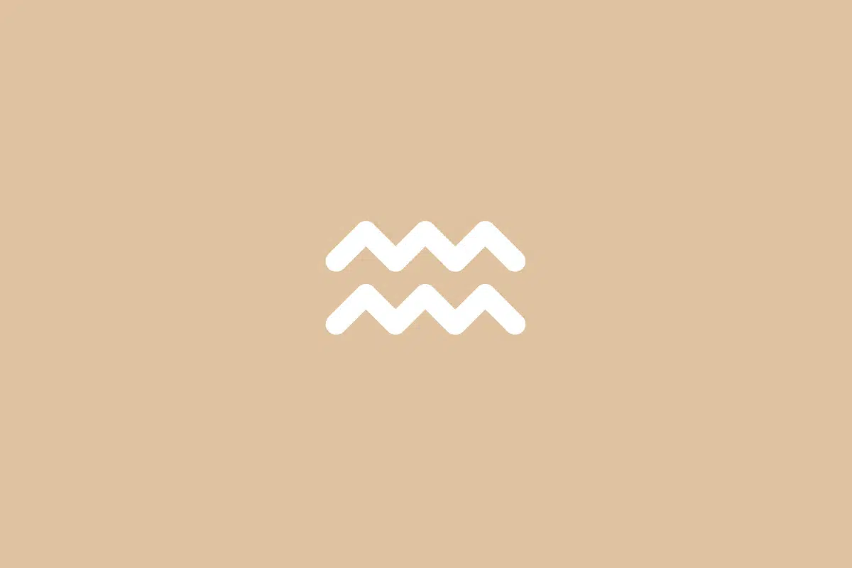 Ilustração minimalista do símbolo do signo de Aquário em linha branca contínua, formada por duas linhas paralelas em formato de ondas zigue-zague, centralizada sobre um fundo bege em tom pastel
