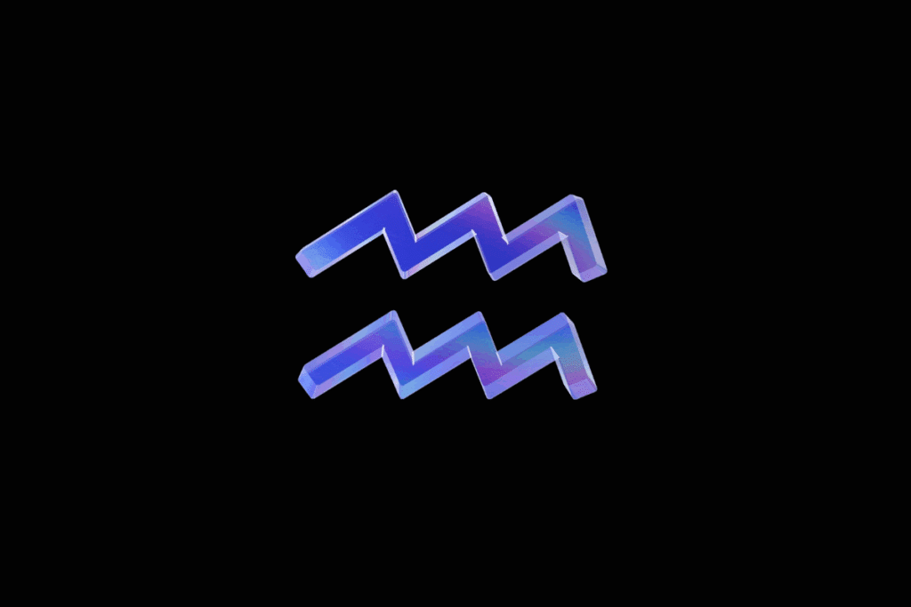 Símbolo do signo de Aquário em relevo com acabamento metálico iridescente, variando entre tons de azul e lilás, centralizado sobre fundo preto