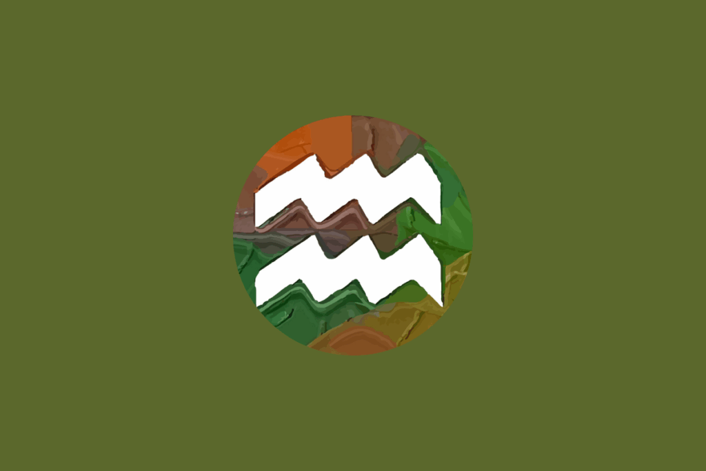 Símbolo branco do signo de Aquário sobreposto a um círculo com pintura abstrata em tons terrosos e alaranjados, centralizado em um fundo verde-oliva