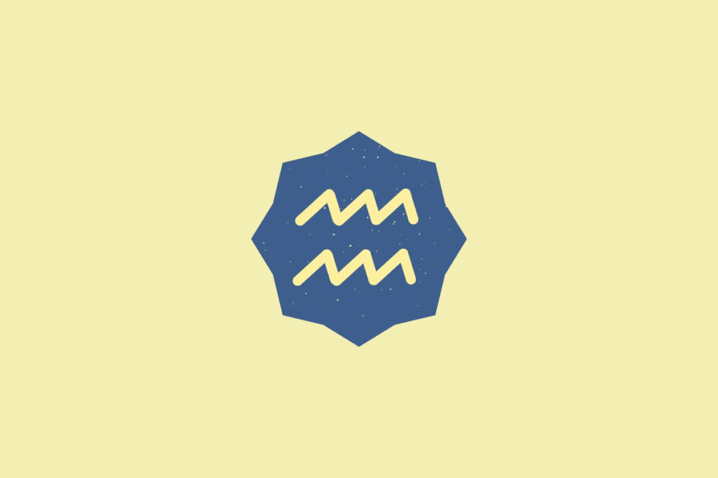Símbolo do signo de Aquário em tom amarelo-claro, inserido dentro de um selo estrelado azul com textura granulada, centralizado sobre um fundo amarelo-claro