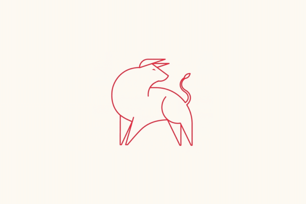 Um búfalo desenhado em perfil inclinado para a direita, com corpo robusto, patas finas e uma cauda curva erguida sobre fundo bege-claro