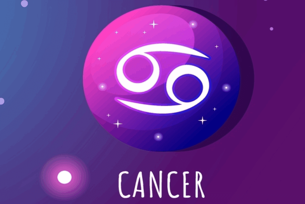 Ilustração do símbolo de Câncer em branco, sobre um círculo em tons de rosa, roxo e azul, com estrelas e pontos luminosos. A palavra “Cancer” aparece na parte inferior.
