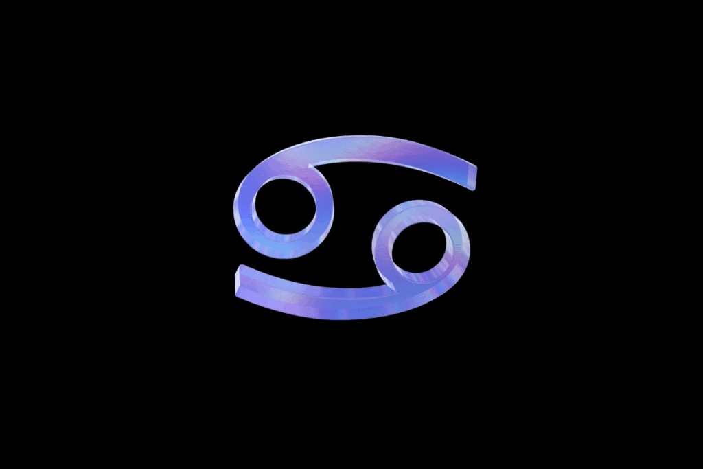 Símbolo do signo de Câncer em relevo com acabamento metálico iridescente, variando entre tons de azul e lilás, centralizado sobre fundo preto