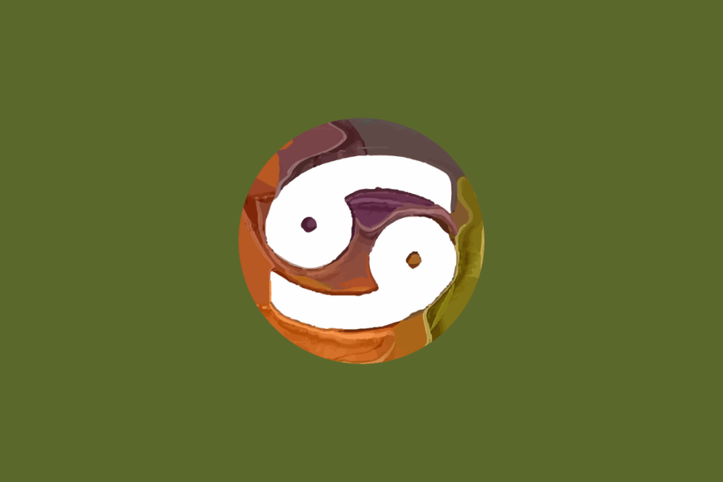 Símbolo branco do signo de Câncer sobreposto a um círculo com pintura abstrata em tons terrosos e alaranjados, centralizado em um fundo verde-oliva