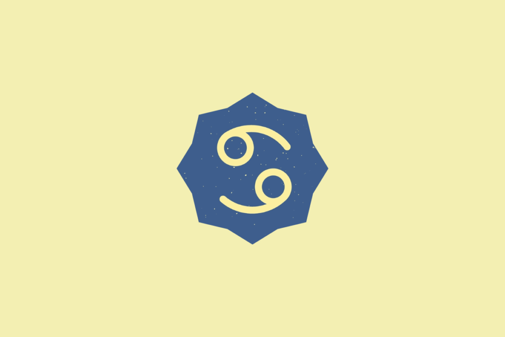 Símbolo do signo de Câncer em tom amarelo-claro, inserido dentro de um selo estrelado azul com textura granulada, centralizado sobre um fundo amarelo-claro
