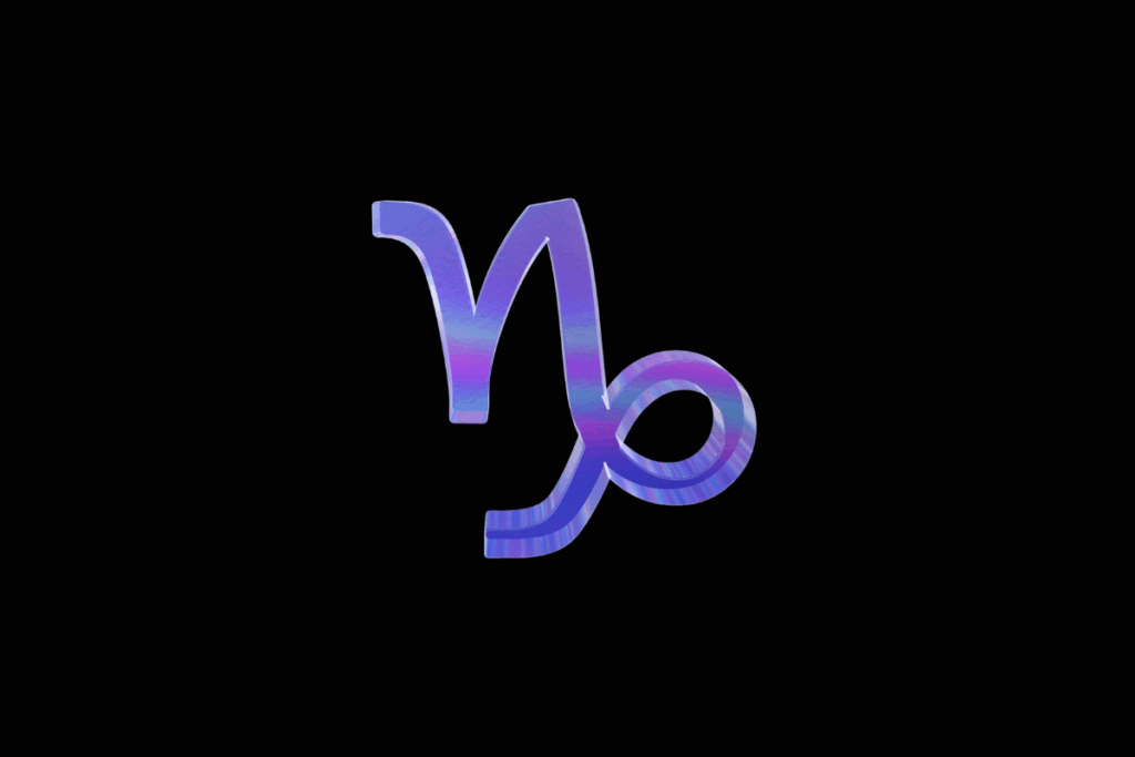 Símbolo do signo de Capricórnio em relevo com acabamento metálico iridescente, variando entre tons de azul e lilás, centralizado sobre fundo preto