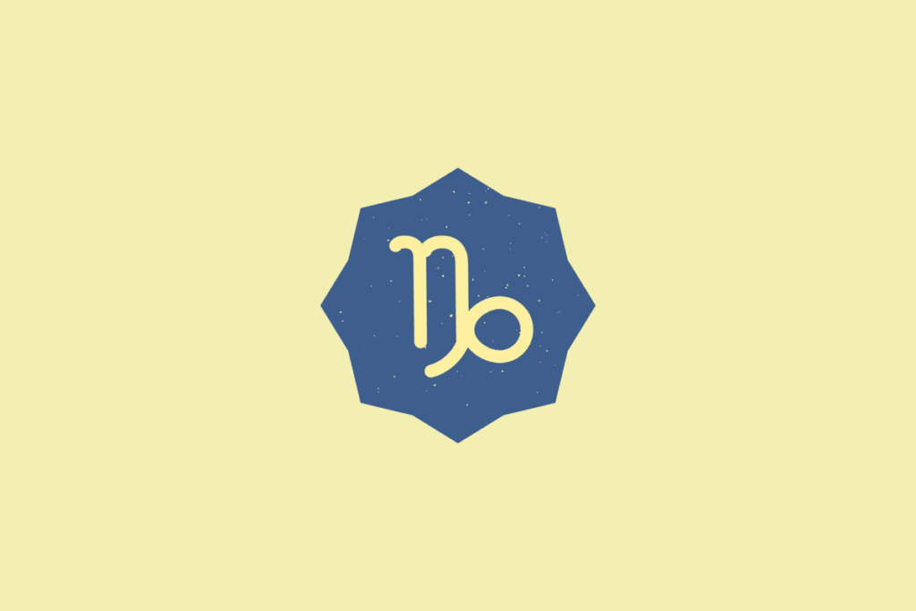 Símbolo do signo de Capricórnio em tom amarelo-claro, inserido dentro de um selo estrelado azul com textura granulada, centralizado sobre um fundo amarelo-claro
