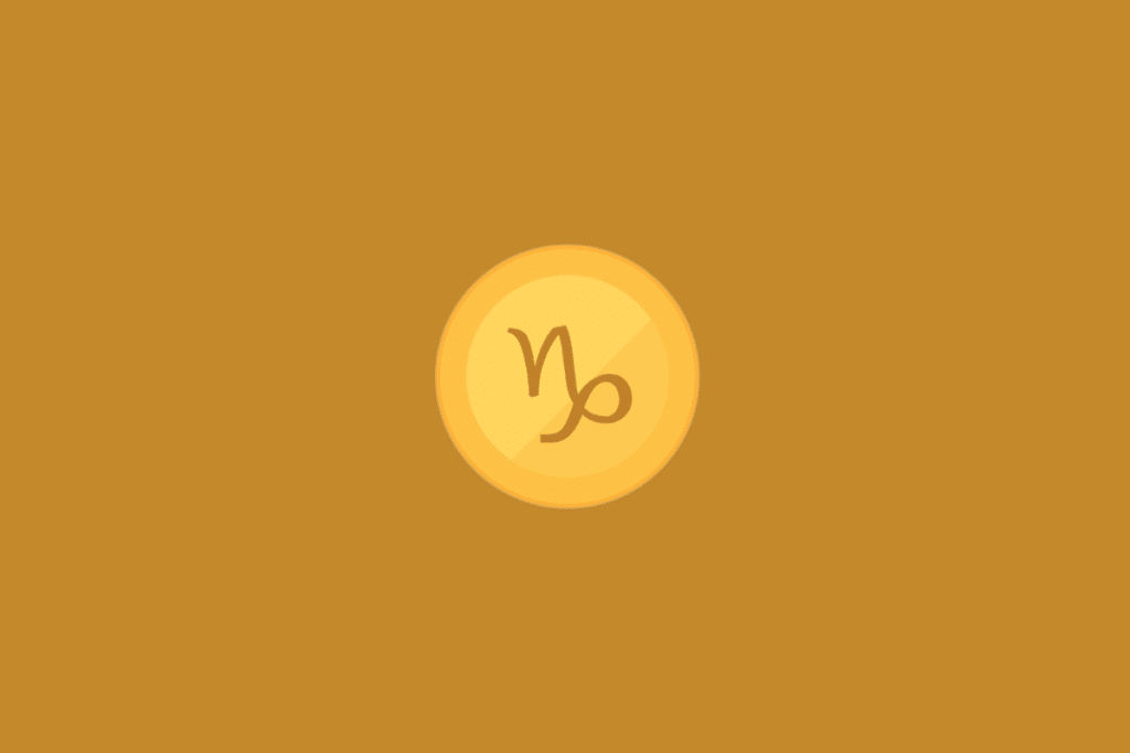 Ilustração minimalista do signo de Capricórnio, com o símbolo astrológico em tom marrom-dourado no centro de um círculo amarelo, sobre fundo uniforme em tom mostarda.