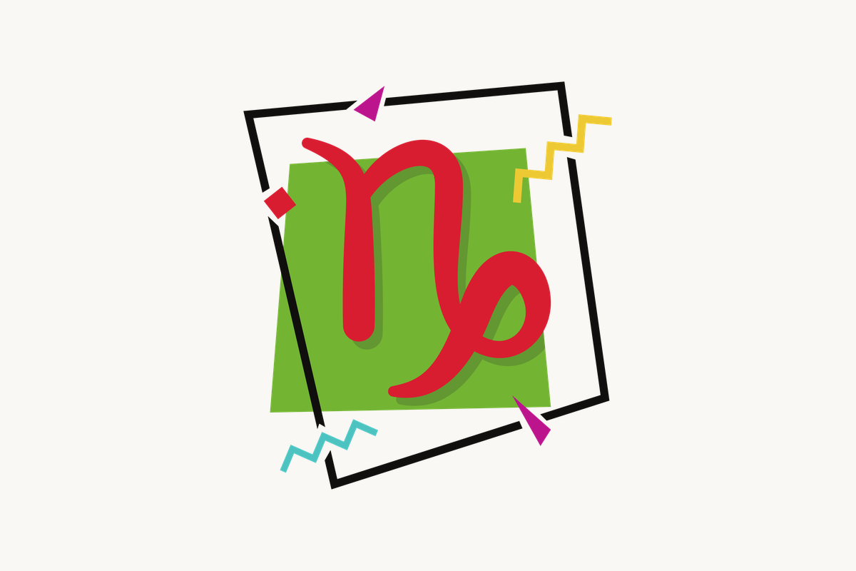 Ilustração do signo de Capricórnio, contendo o símbolo de uma linha ondulada terminando em uma cauda enrolada, lembrando um chifre de cabra-marinha, em vermelho, centralizado sobre um quadrado verde emoldurado em preto, com pequenos losangos e zigue-zagues coloridos ao redor, em fundo claro.