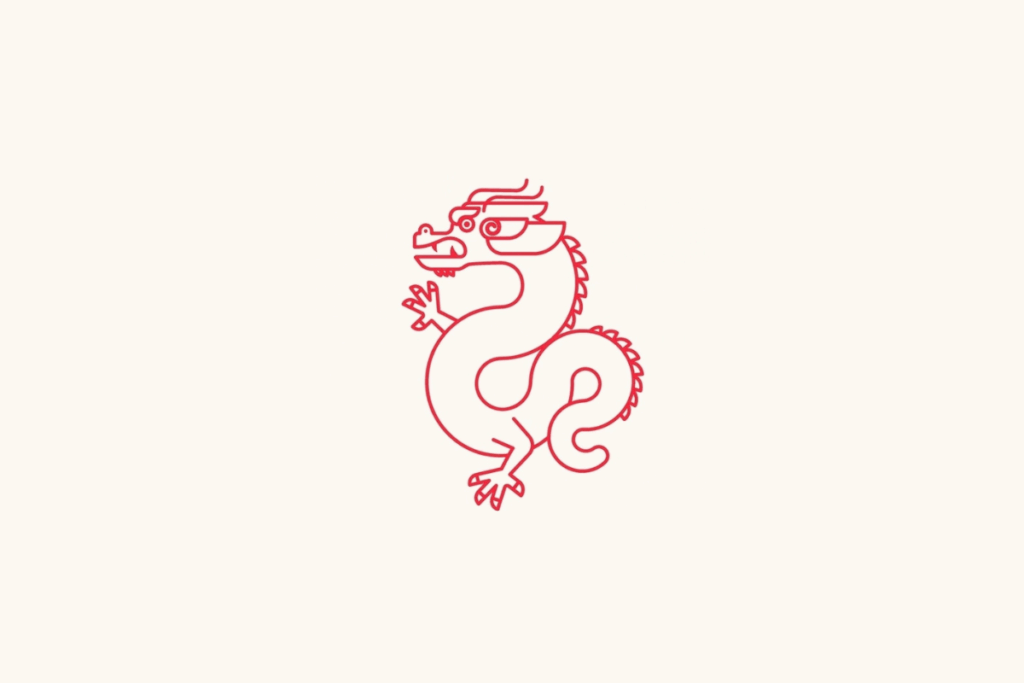 Um dragão chinês tradicional em formato serpentino, dobrado em forma de "S", exibindo garras afiadas, dentes aparentes e escamas ao longo do dorso sobre fundo bege-claro