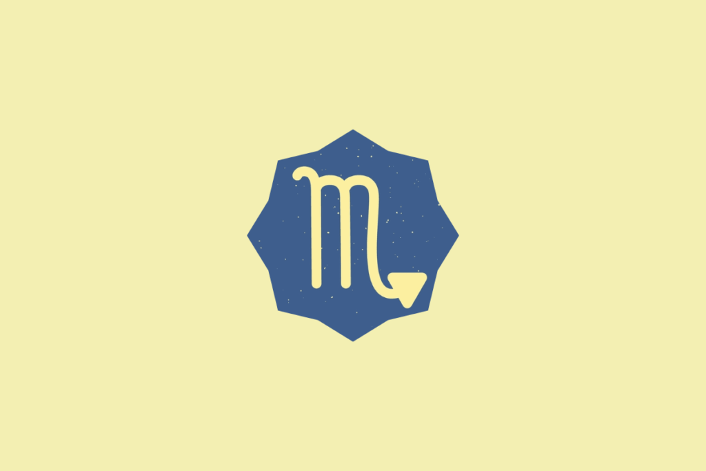 Símbolo do signo de Escorpião em tom amarelo-claro, inserido dentro de um selo estrelado azul com textura granulada, centralizado sobre um fundo amarelo-claro