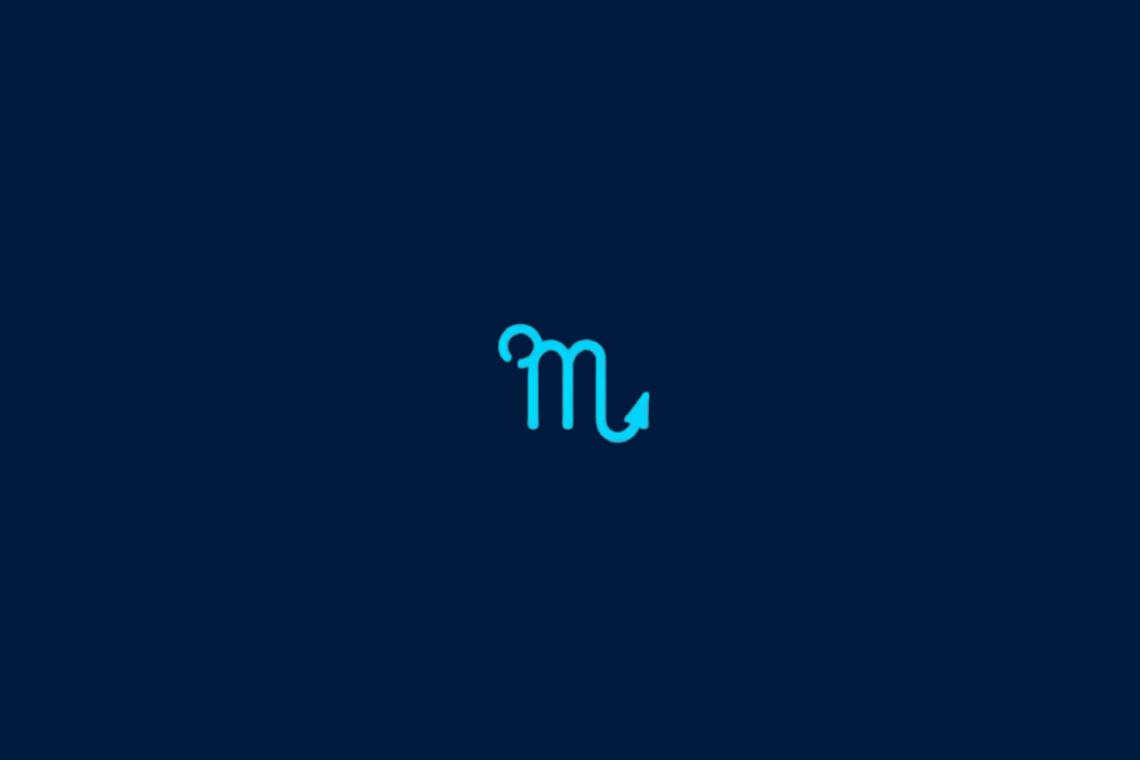 Símbolo de Escorpião formado por traços curvos semelhantes a um “m”, finalizado com uma seta voltada para cima, sobre um fundo azul-marinho. O desenho aparece em azul-claro vibrante.