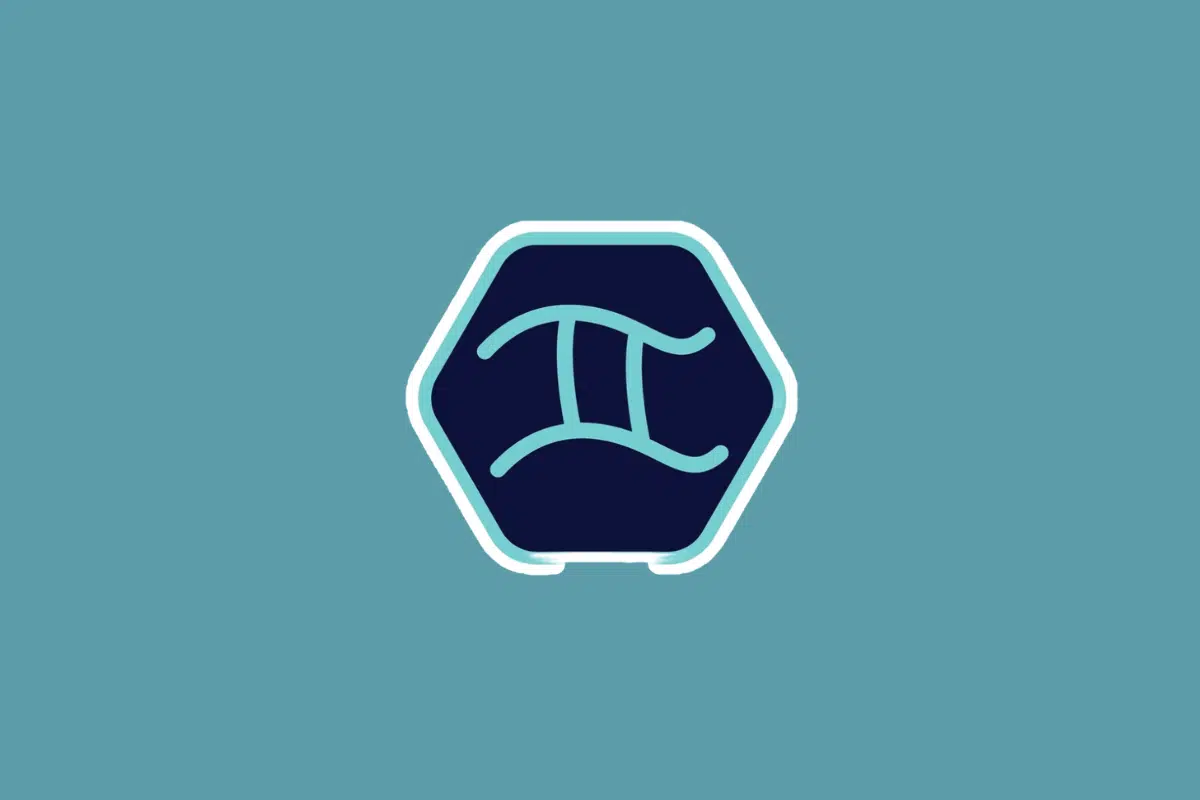 Ilustração minimalista do símbolo do signo de gêmeos em tom azul-claro, centralizada dentro de um hexágono azul-escuro com borda branca e azul. O fundo da imagem é em um tom sólido de azul-turquesa