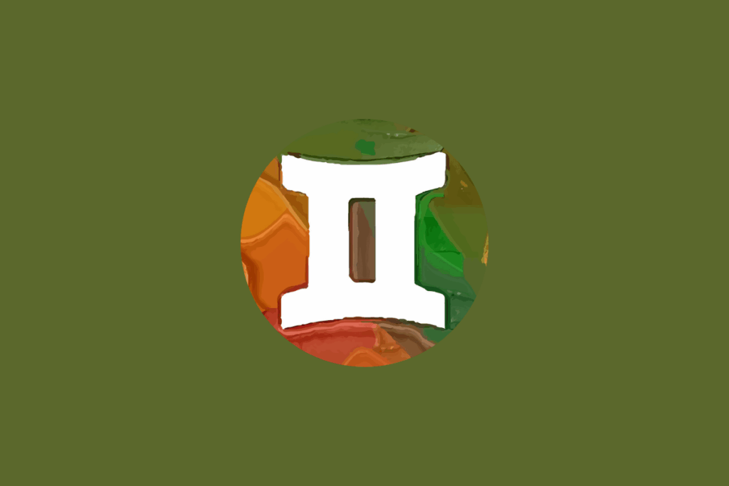 Símbolo branco do signo de Gêmeos sobreposto a um círculo com pintura abstrata em tons terrosos e alaranjados, centralizado em um fundo verde-oliva