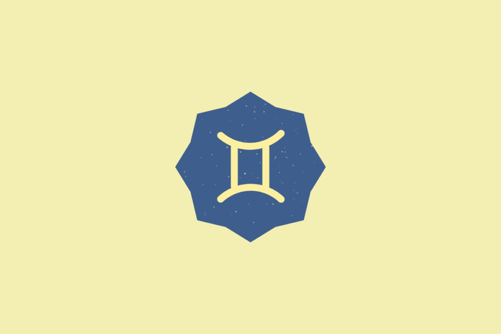Símbolo do signo de Gêmeos em tom amarelo-claro, inserido dentro de um selo estrelado azul com textura granulada, centralizado sobre um fundo amarelo-claro