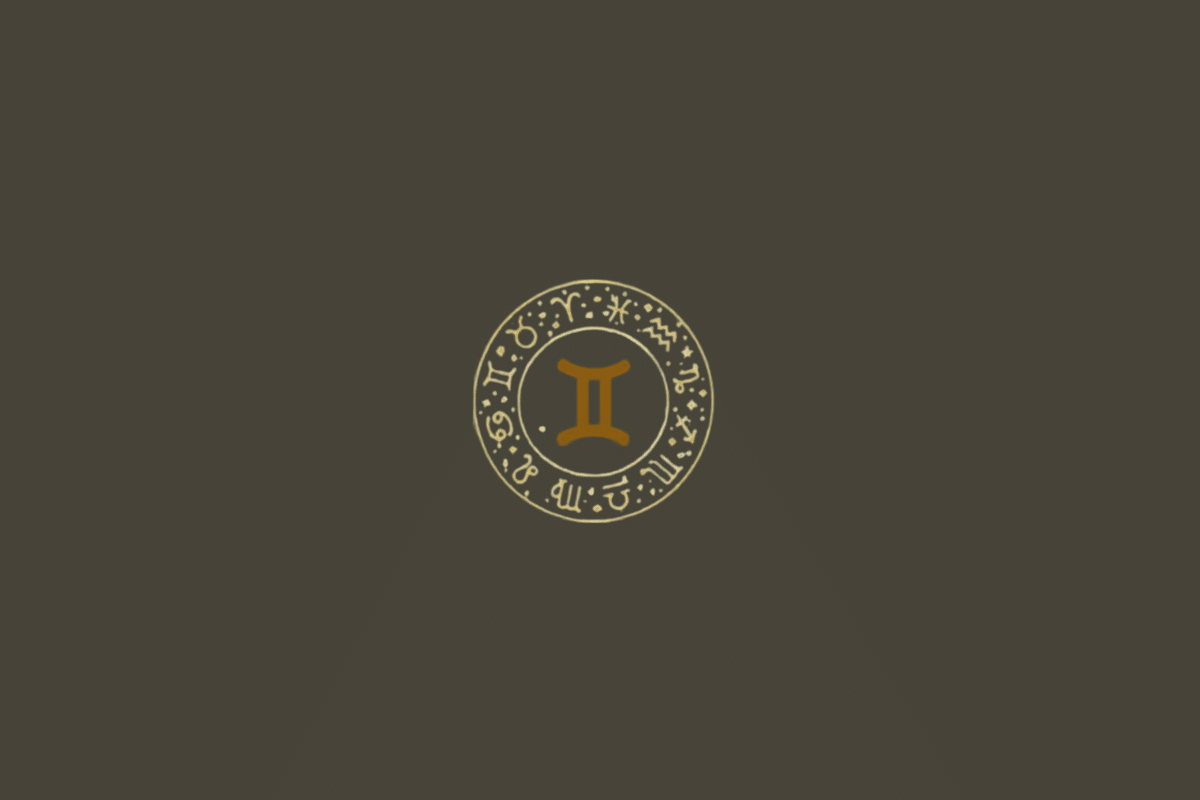 Fundo uniforme em cinza-escuro/oliva. No centro aparece o círculo zodiacal com linhas finas em dourado-claro, contendo os símbolos dos signos distribuídos ao redor. O centro apresenta o símbolo de Gêmeos, semelhante a dois traços verticais unidos por linhas curvas na parte superior e inferior, em dourado-ocre.