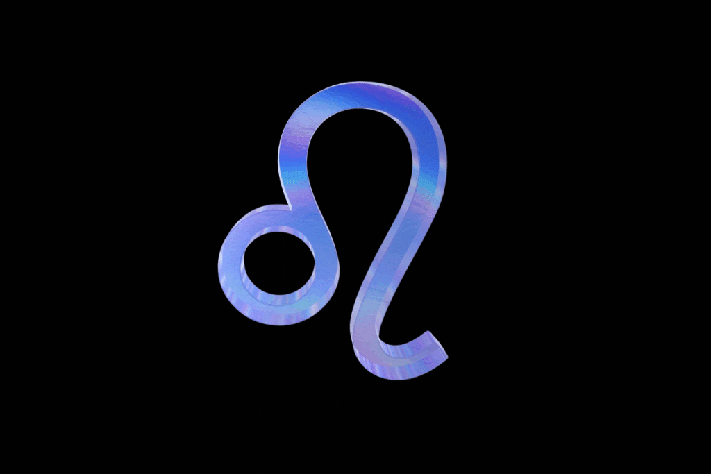 Símbolo do signo de Leão em relevo com acabamento metálico iridescente, variando entre tons de azul e lilás, centralizado sobre fundo preto