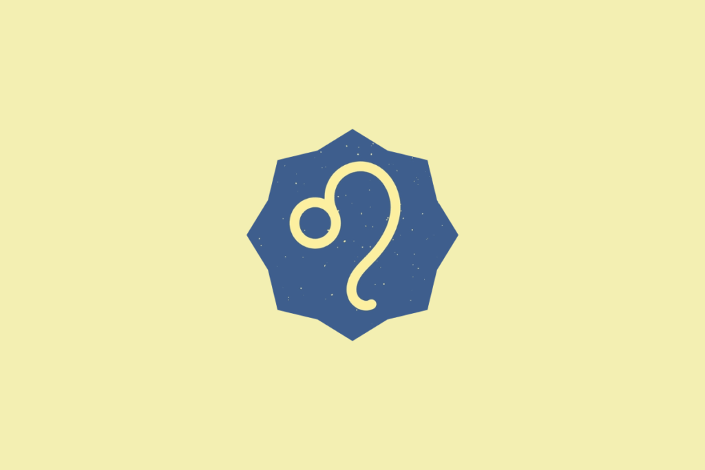 Símbolo do signo de Leão em tom amarelo-claro, inserido dentro de um selo estrelado azul com textura granulada, centralizado sobre um fundo amarelo-claro