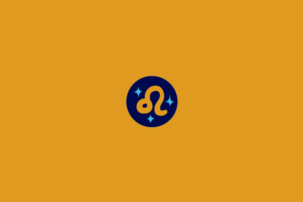 Ilustração estilizada do símbolo de Leão em amarelo-dourado, formado por linhas curvas e arredondadas que remetem à representação tradicional do signo. O símbolo está dentro de um círculo azul-marinho, com pequenas estrelas azul-claro ao redor. O fundo é laranja.