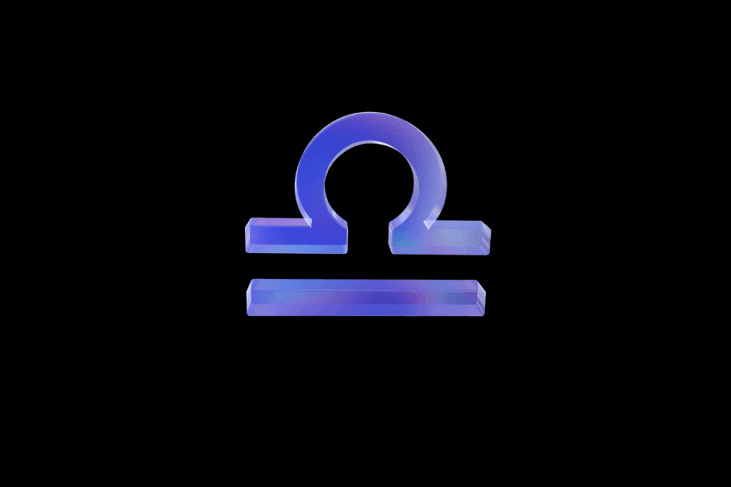 Símbolo do signo de Libra em relevo com acabamento metálico iridescente, variando entre tons de azul e lilás, centralizado sobre fundo preto