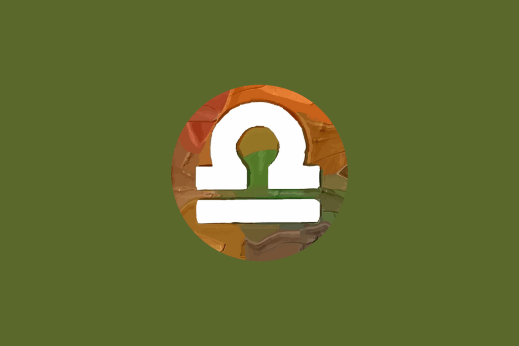 Símbolo branco do signo de Libra sobreposto a um círculo com pintura abstrata em tons terrosos e alaranjados, centralizado em um fundo verde-oliva