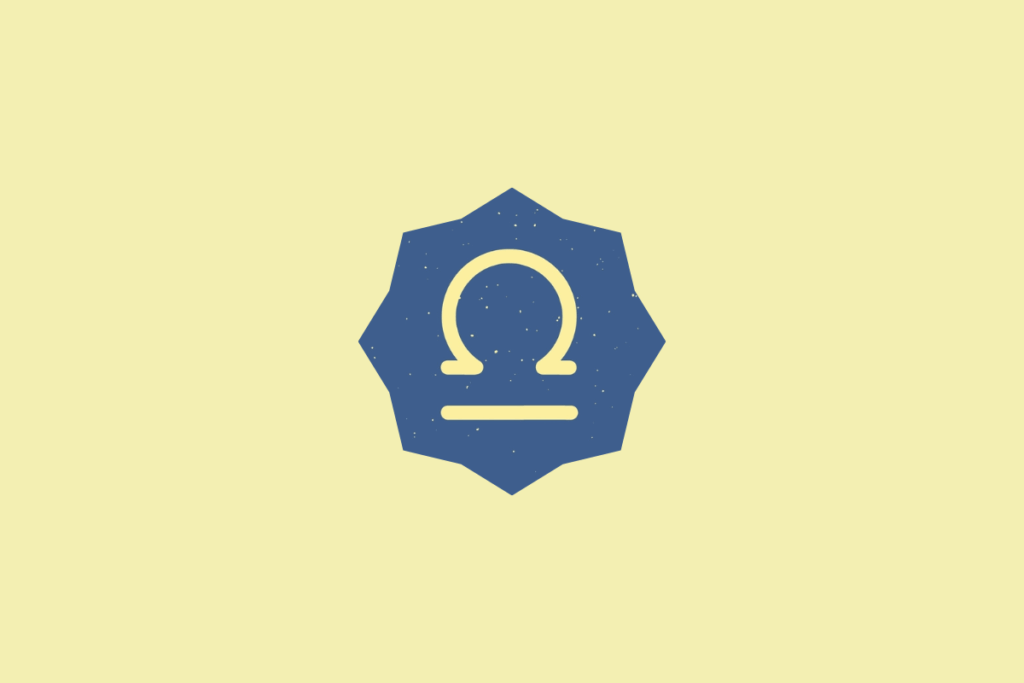 Símbolo do signo de Libra em tom amarelo-claro, inserido dentro de um selo estrelado azul com textura granulada, centralizado sobre um fundo amarelo-claro